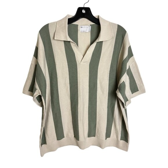 ASOS DESIGN relaxed knit textured notch neck polo shirt in ecru green stripe L - Picture 1 of 12